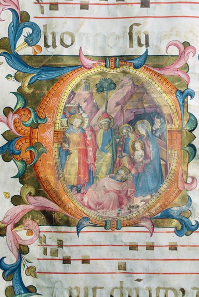 Corale / Graduale no.5 Historioitu alkukirjain "O", joka kuvaa tiekien palvontaa tekijältä Rossello Franchi