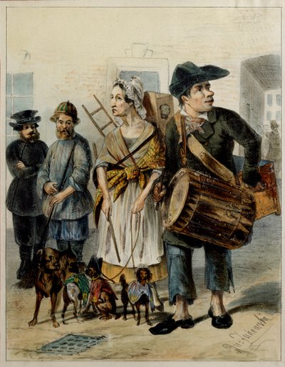 Palvelija vie koirat ulos - Rudolf Kasimirovich Zhukovskyn (1814-1886) taideteos, akvarelli ja muste paperille tekijältä Rudolf Kasimirovich Zhukovsky