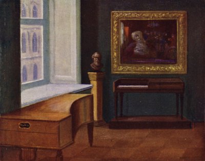 Mozartin spinetti (oikealla) ja Hugo Wolfin piano (vasemmalla) Wienin kaupunginmuseossa (värinen lito) tekijältä Rudolf Klingsbogl