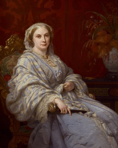 Northumberlandin 6. herttua Algernonin vaimon Louisan muotokuva, kolme neljäsosaa, yllään sininen mekko ja sinivalkoinen raidallinen huivi tekijältä Rudolf Lehmann