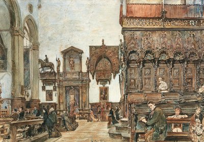Basilica di Santa Maria Gloriosa dei Frari -basilikan sisätilat Venetsiassa ja rukoukset kuorokarsinoissa. tekijältä Rudolf von Alt