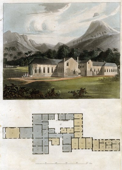Näkymä ja suunnitelma Longwood Housesta, St. Helena: Napoleon Bonaparten asuinpaikka tekijältä Rudolph Ackermann