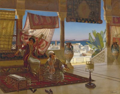 Villan kehräys (Les fileuses de laine), Ernst, Rudolf (1854-1932). Öljy puulle, koko: 79,5x100, , Yksityiskokoelma tekijältä Rudolphe Ernst
