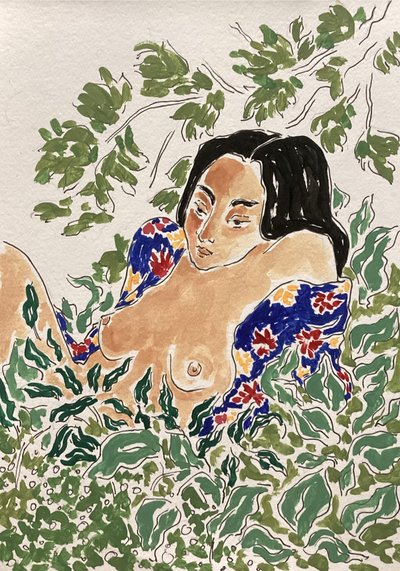 Nainen lehtien keskellä tekijältä Rushati Chowdhury