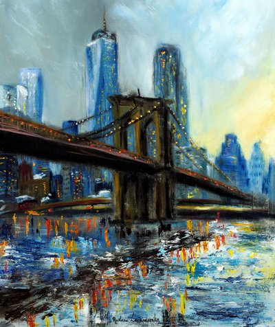 Brooklynin silta Manhattanin suuntaan, 2022 (öljy kankaalle) tekijältä Ruslana Levandovska