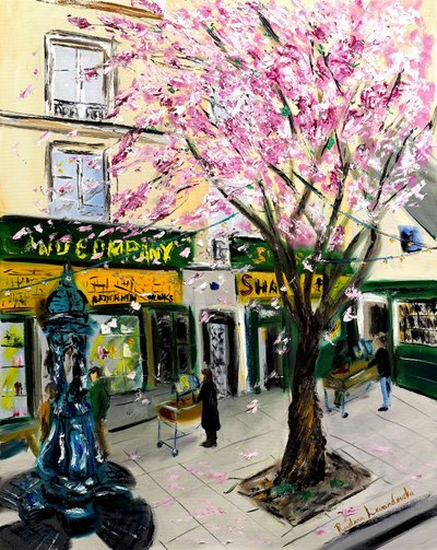 Cherry Blossoms at Shakespeare and Co Paris - kultakoristeella, 2023 (öljy kankaalle) tekijältä Ruslana Levandovska