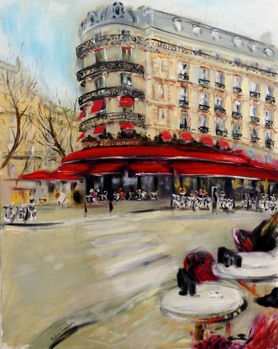 Pariisin panimo Cafe Triadou Haussmann, 2021 (öljy kankaalle) tekijältä Ruslana Levandovska