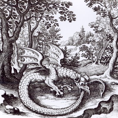 Lohikäärme metsässä, Basil Valentinen teoksesta Musaeum Hermeticum Reformatum, 1678 tekijältä Russian School