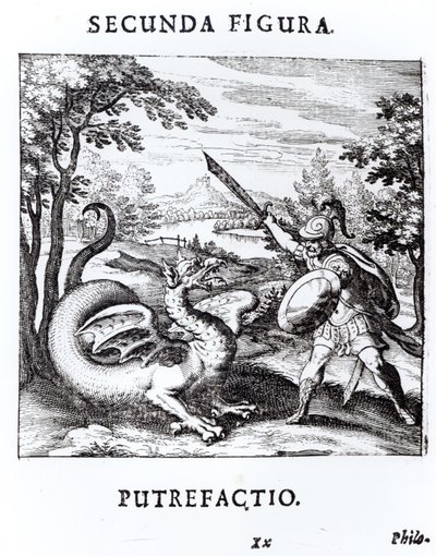 Ritari kukistaa lohikäärmeen ruumiillistuvan "Mädän" Basil Valentinen teoksesta "Musaeum Hermeticum Reformatum", 1678 tekijältä Russian School