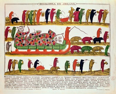 Kissan hautaaminen hiirillä, karikatyyri tsaari Pietari Suuresta (1672-1725) 1850 tekijältä Russian School