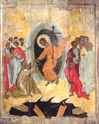 Kristuksen laskeutuminen helvettiin, venäläinen ikoni, Novgorodin koulu, 1300-luvun loppu (tempera paneelissa) tekijältä Russian School
