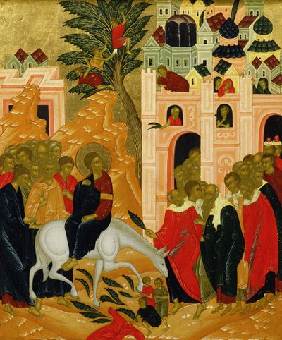 Kristuksen pääsy Jerusalemiin, kuvake tekijältä Russian School