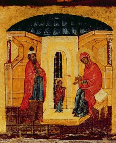 Ikoni, joka kuvaa Jeesusta temppelissä, n. 1550 (tempera & kultalehti taulussa) (314500:n yksityiskohta) tekijältä Russian School