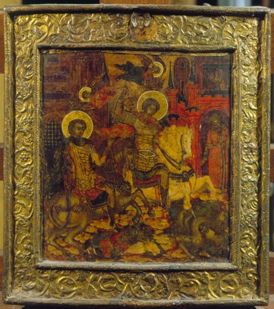 Pyhää Yrjötä ja Pyhää Demetriusta kuvaava ikoni, n. 1676 (tempera taulussa) tekijältä Russian School