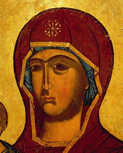 Neitsyen päätä kuvaava ikoni, n. 1550 (tempera & kultalehti paneelissa) (yksityiskohta 314500) tekijältä Russian School