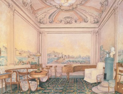 Kartanon vastaanottohuoneen sisustus, 1840-50-luku (wc paperilla) tekijältä Russian School