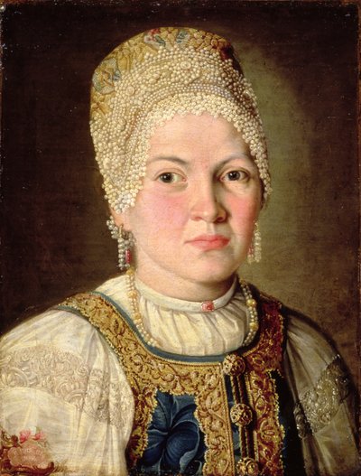 Naisen muotokuva venäläisasussa, 1769 tekijältä Russian School