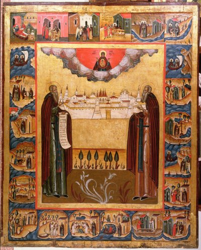 Solovetskin pyhät Zosimus ja Sabbatheus kohtauksineen elämästään 1700-luvulta (tempera taulussa) tekijältä Russian School
