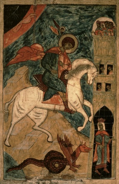 Pyhä Yrjö ja lohikäärme, venäläinen ikoni Vologdasta, 1400-luku (tempera paneelissa) tekijältä Russian School