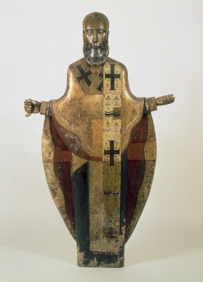 Pyhän Nikolauksen Moshaiskin patsas, venäjä, 1500-luvun loppu (puu, koristeellinen brokaatti, gesso, tempera) tekijältä Russian School
