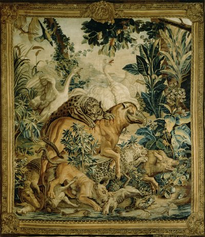 Tapetti, joka kuvaa petoja taistelemassa kastelupaikalla, kopio Indian Carpet -sarjasta, jonka on suunnitellut D. Deport, 1757 ja tehnyt St. Petersburg Tapestry Factory (tekstiili) tekijältä Russian School