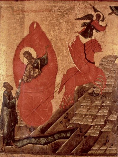 Elian taivaaseenastuminen, ikoni, Pihkovan koulu, n.1650 (tempera paneelissa) tekijältä Russian School
