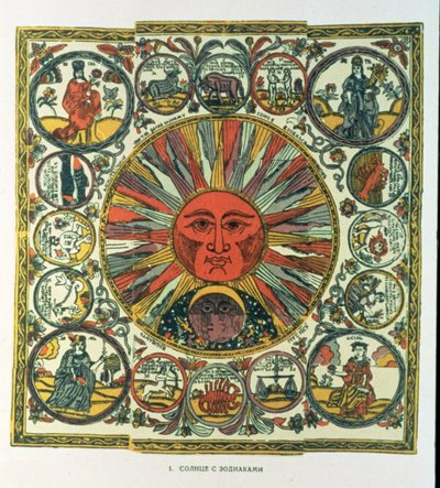 Aurinko ja horoskooppi, venäjä, 1700-luvun loppu (puupiirros) tekijältä Russian School