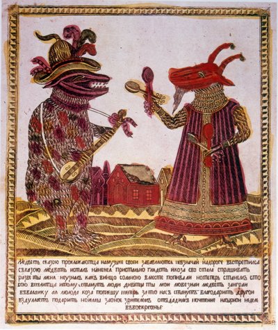Perinteinen värillinen puupiirros Kuva tarinasta karhusta ja vuohesta. Venäjän n. 1830 (kaiverrus) tekijältä Russian School