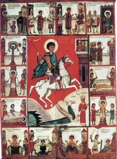 Pyhä Yrjö ja kohtauksia elämästään, 1300-luku. tekijältä Russian icon.