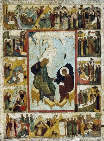 Pyhä Johannes evankelista Patmosella kohtauksia hänen elämästään, 1500-luvun alku. tekijältä Russian icon.
