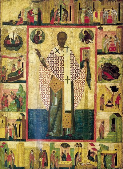 Pyhä Nikolaus Zaraiskilainen kohtauksineen elämästään, 1500-luvun alku. tekijältä Russian icon.