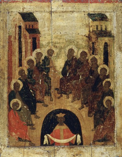 Pyhän Hengen laskeutuminen apostolien päälle, 1410. tekijältä Russian icon.