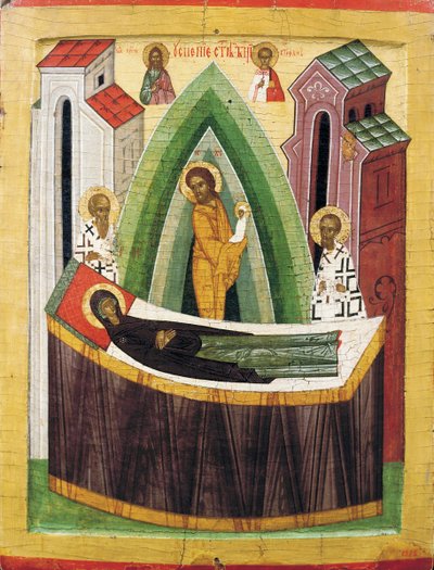 Neitsyen Dormition, 1400-luvun alku. tekijältä Russian icon.