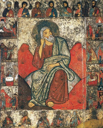 Profeetta Elia erämaassa kohtauksineen elämästään ja deesisistä, 13. - 14. päivän ensimmäinen kolmannes tekijältä Russian icon.
