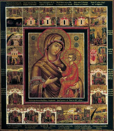 Tikhvinin neitsyt rajakohtauksilla, 1800-luvun ensimmäinen neljännes. tekijältä Russian icon.