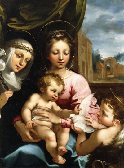 Madonna ja lapsi pikkulapsen Pyhän Johannes Kastajan ja Pyhän Katariina Sienan kanssa, n. 1597-1612 tekijältä Rutilio Manetti
