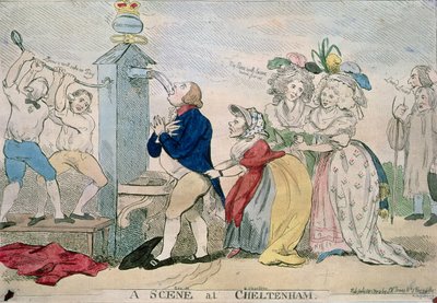 Kohtaus Cheltenhamissa. Satiirinen sarjakuva, pubi. 1788 tekijältä S.W. Fores