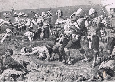 Majuba Hill, 27. helmikuuta 1881 (1. buurien sota), kuvitus brittiläisistä taisteluista maalla ja merellä, 1915 tekijältä S. Begg