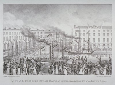 Näkymä ehdotetusta höyrylaiturista Lea-joen suulla, n. 1835 tekijältä S. Hemming