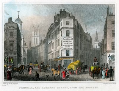 Cornhill ja Lombard Street Poultrysta, Lontoon kaupungista, 1830. tekijältä S. Lacey