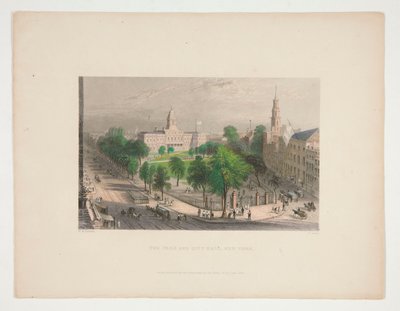 Puisto ja kaupungintalo, New York, kuvitus Nathaniel Parker Willisille tekijältä S. Lacey