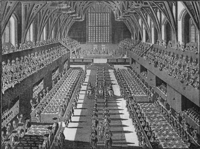 Westminster Hallin sisustus kuningas Yrjö II:n kruunajaisissa 1727 1911 tekijältä S Moore