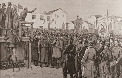 Constabulary vartioi hallituksen reportteria "kampanjasuunnitelmakokouksessa", "The Illustrated London News", 8. tammikuuta 1887 (kaiverrus) tekijältä S. T. Dadd