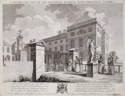 Perspektiivikuva Foundling-sairaalasta symbolisilla hahmoilla, 1749 tekijältä S. Vale