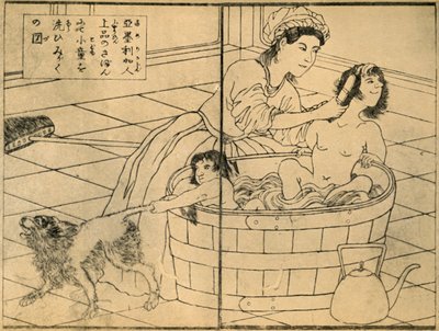 Amerikkalainen nainen kylpemässä lapsiaan, 1862-1865, 1924. tekijältä Sadahide Utagawa