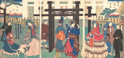 Ulkomainen yritysyritys Yokohamassa, 1861. tekijältä Sadahide Utagawa
