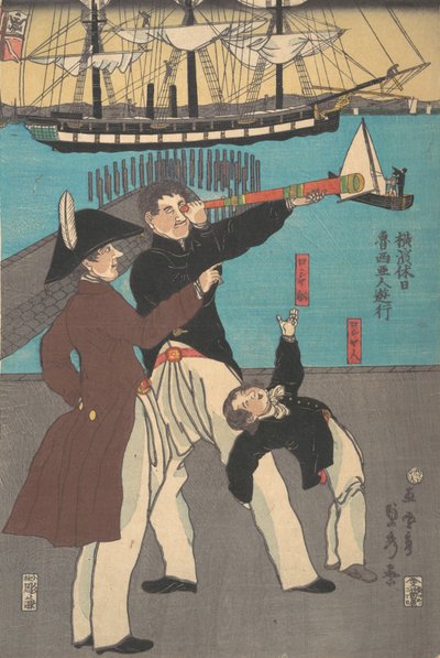 Venäläiset lomailemassa Jokohamassa, 1861. tekijältä Sadahide Utagawa