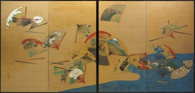 Viuhkat ja virta, Edo-kausi, noin 1820-28 (tussi, väri, kulta ja hopea silkille). tekijältä Sakai Hoitsu