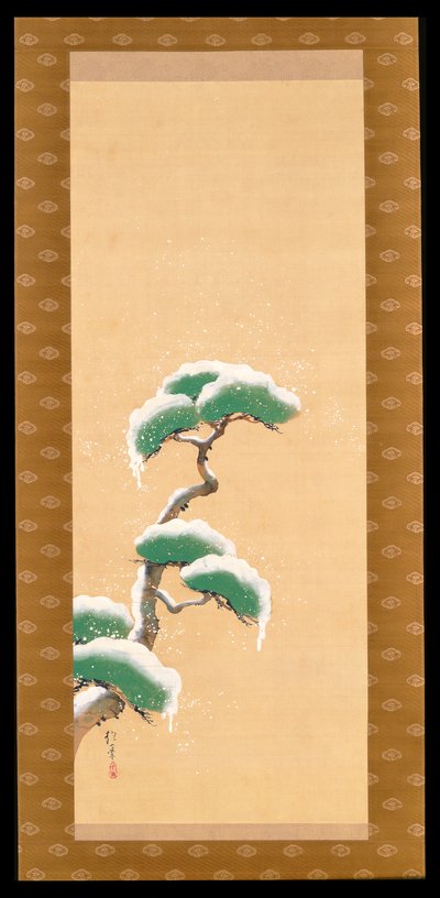 Ripustettava käärö, joka kuvaa lumipeitteistä mäntyä, kolmesta vuodenajasta koostuvasta triptyykistä, Japani, 1800-luvun alku tekijältä Sakai Hoitsu