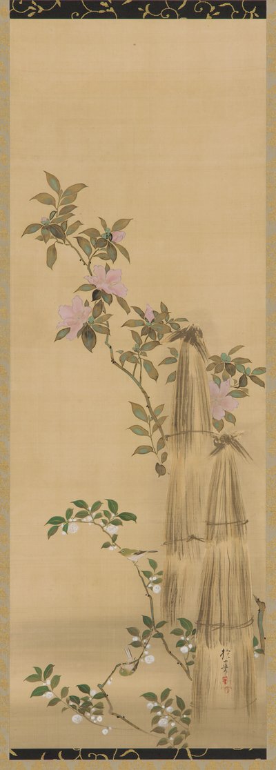 Vaaleanpunaiset ja valkoiset kukat ja olkipeitteet, Edo-kausi, 1761-1828. tekijältä Sakai Hoitsu